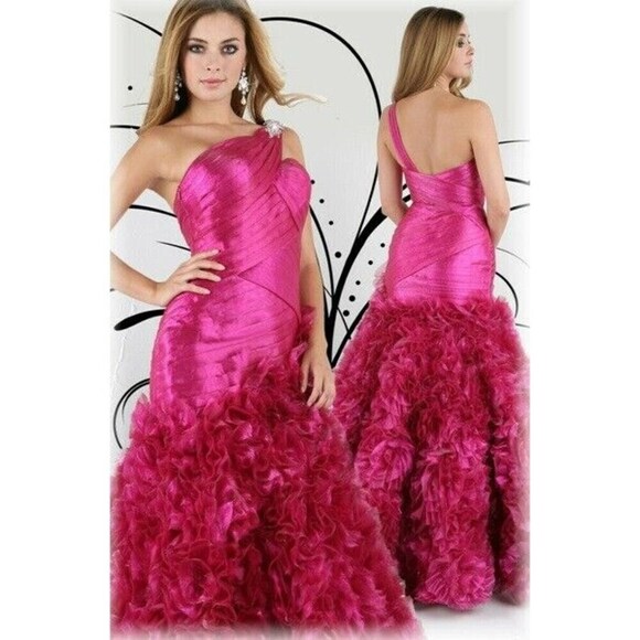 Xcite Ruffle Metallic Prom Dress 30267 Fuchsia - Picture 1 of 6